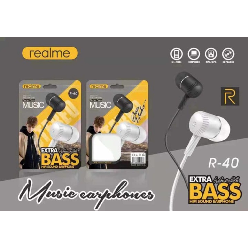 Earphone Realme 40 stereo bass music telfon headset mic