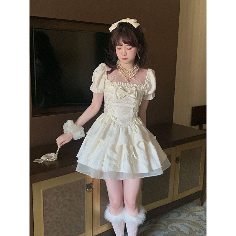 Red Busur Puff Lengan Mesh Gaun Putri Musim Panas Jepang Lolita Renda Pinggang Jamur Fringe Puffy Dress