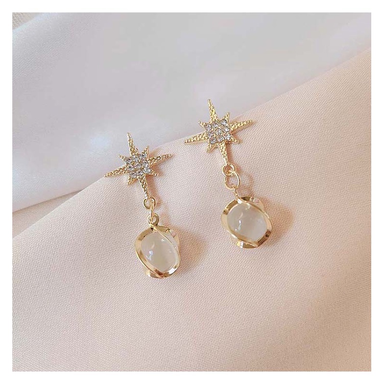Anting Tusuk Panjang Bentuk Bintang Bahan Sterling Silver 925 Hias Opal + Berlian Imitasi Untuk Wanita