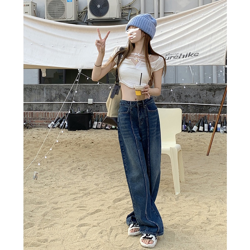 Suhao ~ celana longgar baggy pel lantai celana denim wanita