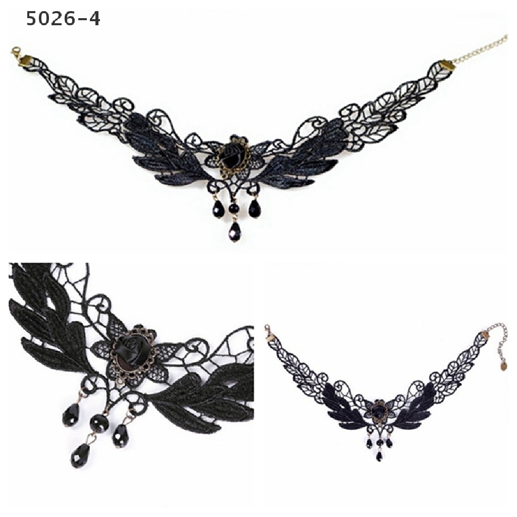 5026-4 Kalung Choker Lolita Bahan Lace Dengan Liontin Bunga Mawar Hitam Untuk Wanita