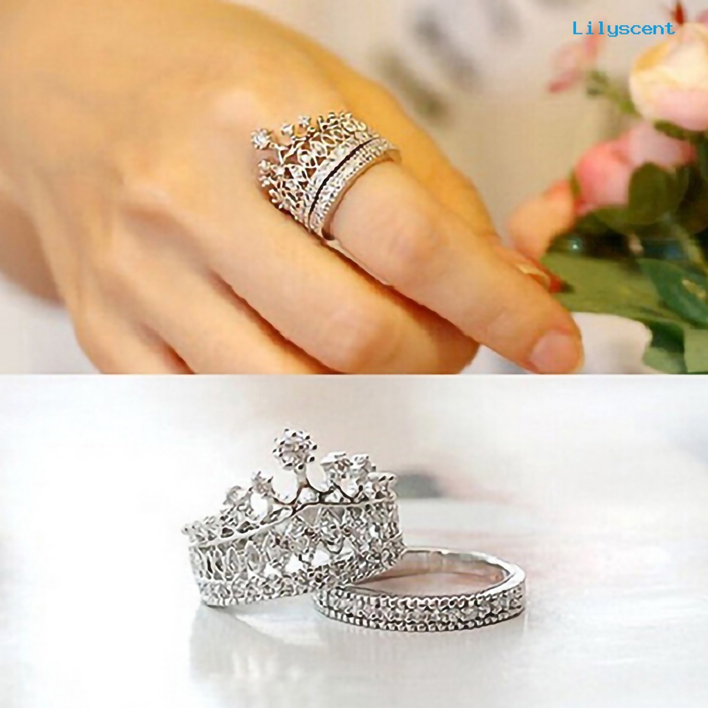 Ls 2Pcs / Set Cincin Kawin / Tunangan Motif Mahkota Aksen Berlian Imitasi Bahan Alloy Untuk Wanita