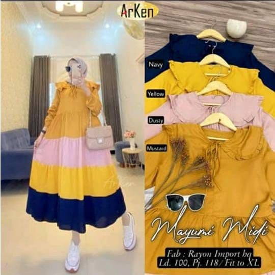 Gamis Mayumi Midi - Gamis Terbaru Rayon Premium Dress Wanita Pelangi Lengan Karet Maxi Dress Kekinian LD 110 cm