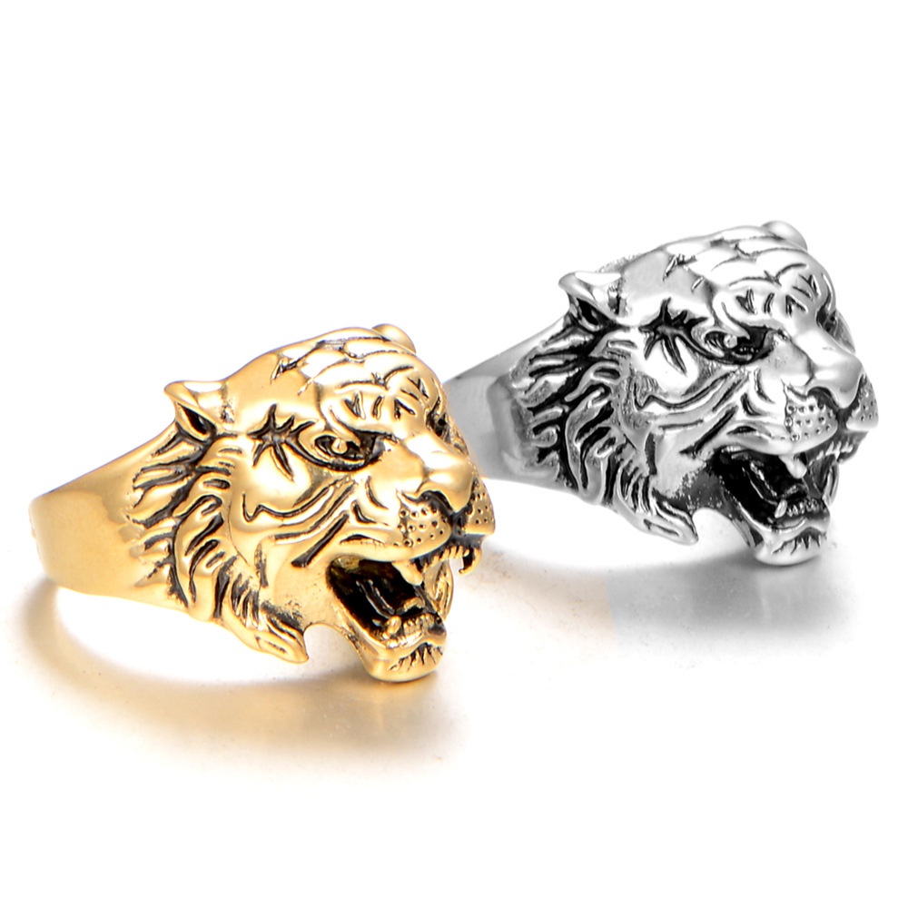 Cincin Model Terbuka Desain Kepala Harimau 3D Gaya Retro Untuk Pria