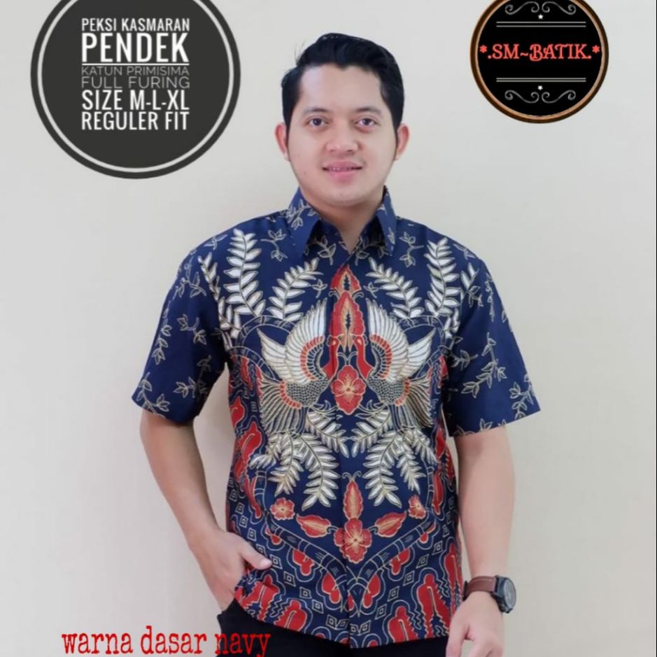 Kemeja Batik Lengan Pendek Warna Navy Batik Pendek Pria KASMARAN NAVY RED Baju Batik Pendek Furing