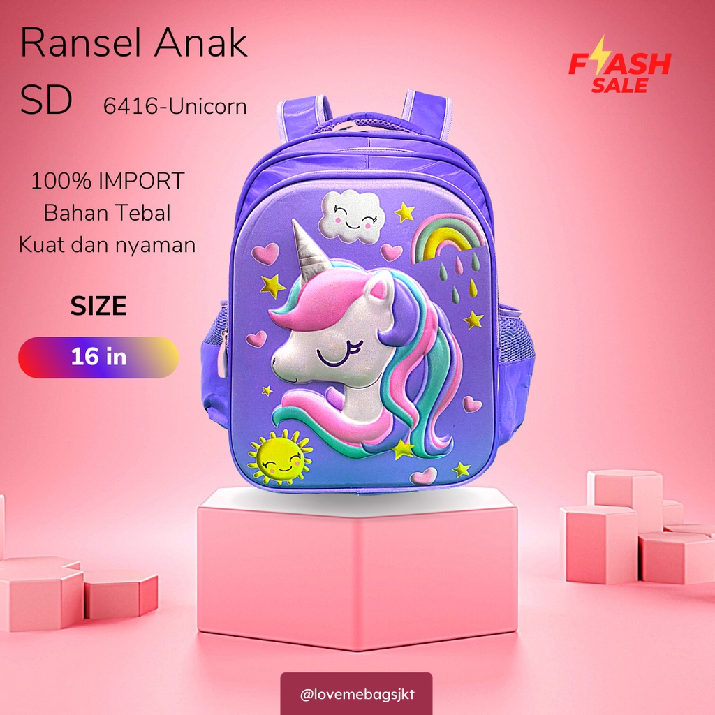 LMB Tas Anak Sekolah Perempuan SD Import Gambar Karakter Unicorn Ukuran Besar Timbul 6D Tebal dan Kuat Viral Bahan Nilon Premium