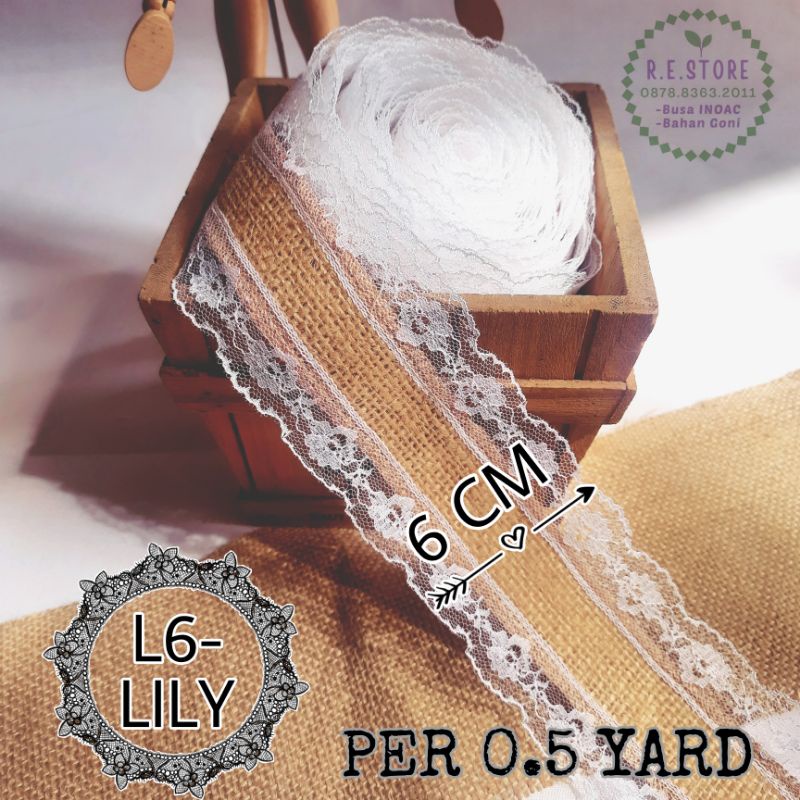 

Per 0.5 yard - Pita Goni Renda Putih 6 cm (L6-LILY)- Tali Goni Rami Natural Gift Wrapping Florist