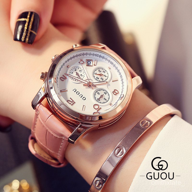 【Factory Outlet】GUOU Hong Kong Guou Jam Tangan Wanita Tiga Mata Multi-Fungsi Belt Klasik Retro Kasual Quartz Watch Wa