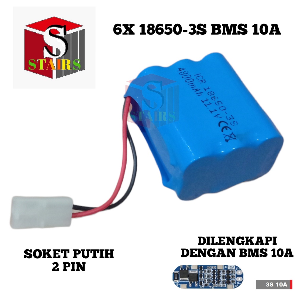 Baterai RC / Batre Speaker Bluetooth / Elektronik Lainnya 6X 18650-3S BMS 10A 4800mAh 11.1V SOKET PUTIH 2 PIN RC