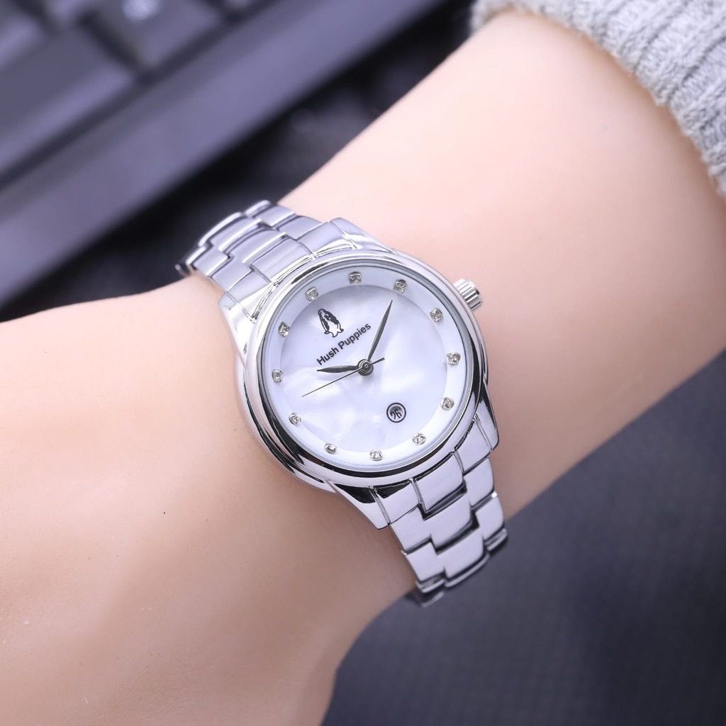 [BISA COD] JAM TANGAN FASHION WANITA HUSH PUPPIES 8398 TALI RANTAI TANGGAL AKTIF