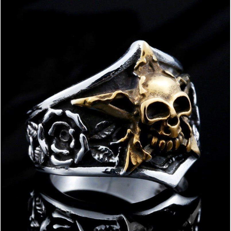 Cincin Jari Punk Fashion Bentuk Pentagram Aksen Tengkorak untuk Hadiah Pria/Pernikahan