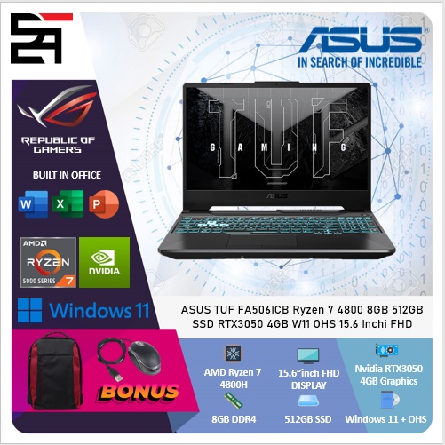 Asus TUF FA506ICB Ryzen 7 4800 8GB 512GB SSD RTX3050 4GB W11 OHS 15.6 Inchi FHD 144HZ RGB