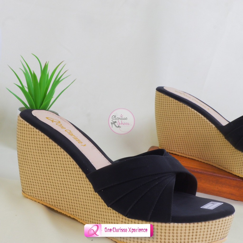 Clarisse wedges wanita SILANG LAPIS KOKOP REALPICT Sepatu Selop Hitam Tan Krem Hak 7 Cm Simple