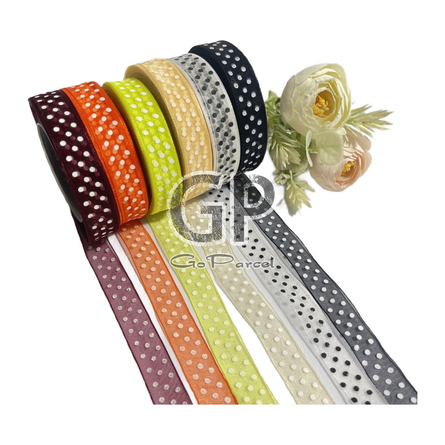 ( Rol 20 Yard ) ORGANZA SILK POLKADOT RIBBON 12MM 25MM - PITA KADO ORGANDY ORGANZA ONDE 0.5INCH (1.25CM) / PITA ORGANDI DOT 1IN 2,5CM