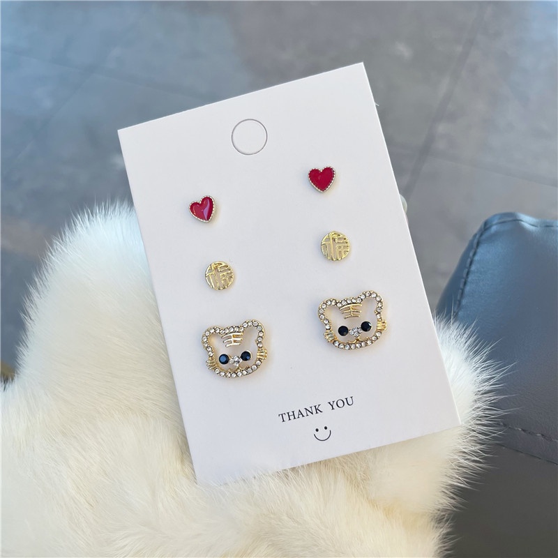 3 Pasang / Set Anting Tusuk Motif Harimau / Hati Bahan Alloy Hias Berlian Imitasi Untuk Wanita