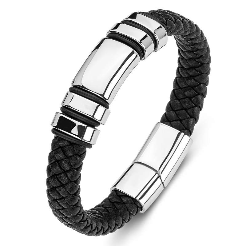 Gelang Bahan Kulit Dengan Buckle Magnetik Warna Hitam Glossy Gaya Klasik Untuk Pria