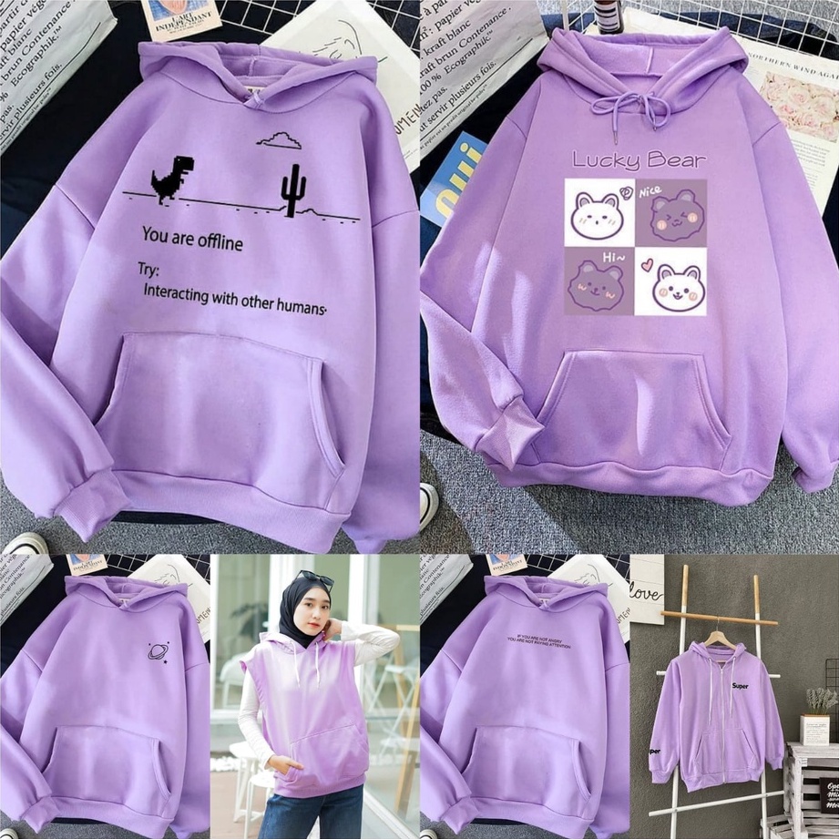 BARU PILIHAN SWEATER HOODIE WANITA LILAC BAHAN FLEECE TEBAL