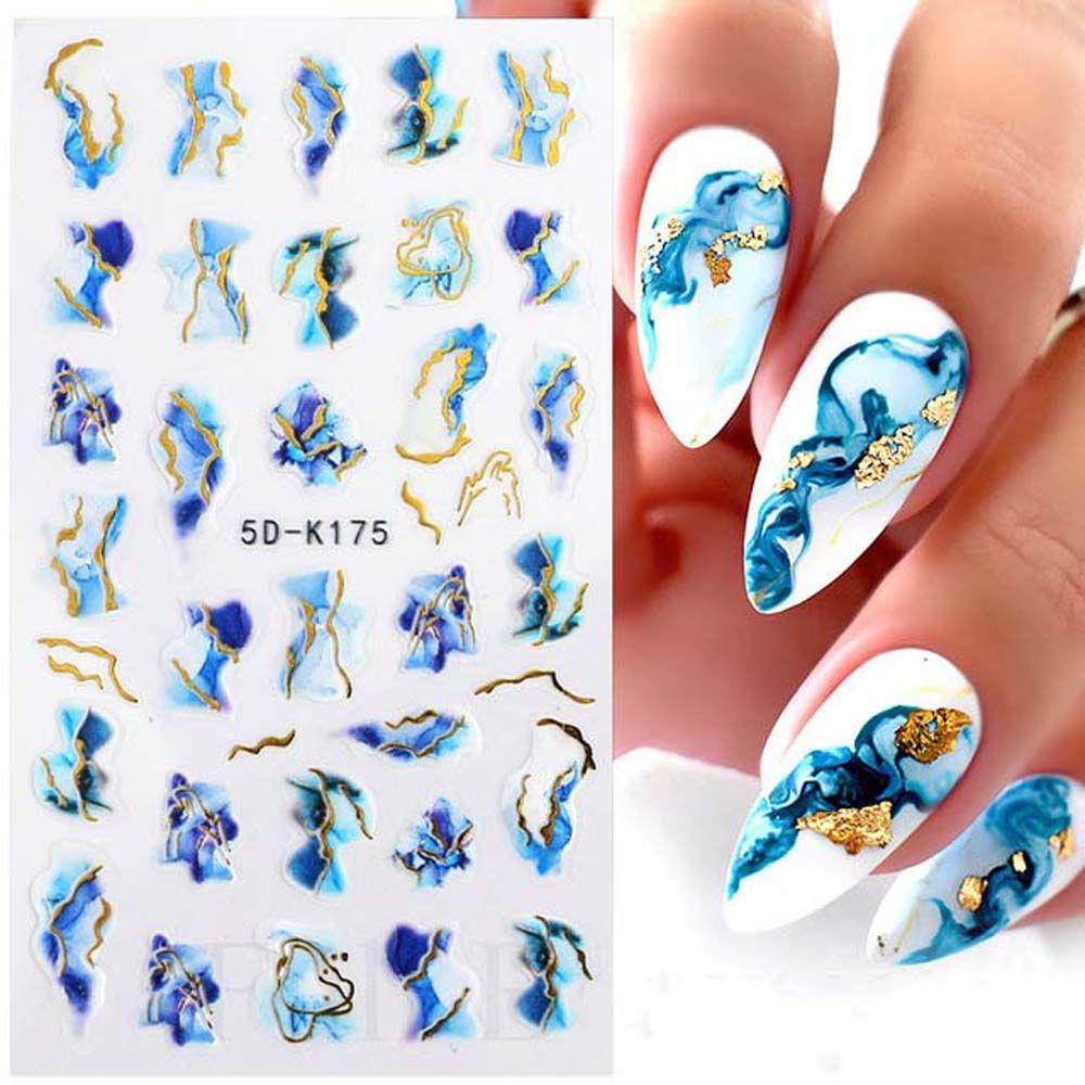 Mxbeauty Marbling Stiker Kuku 5D Relief Warna Emas Sisi Manikur Aksesoris Self Adhesive Nail Art Dekorasi