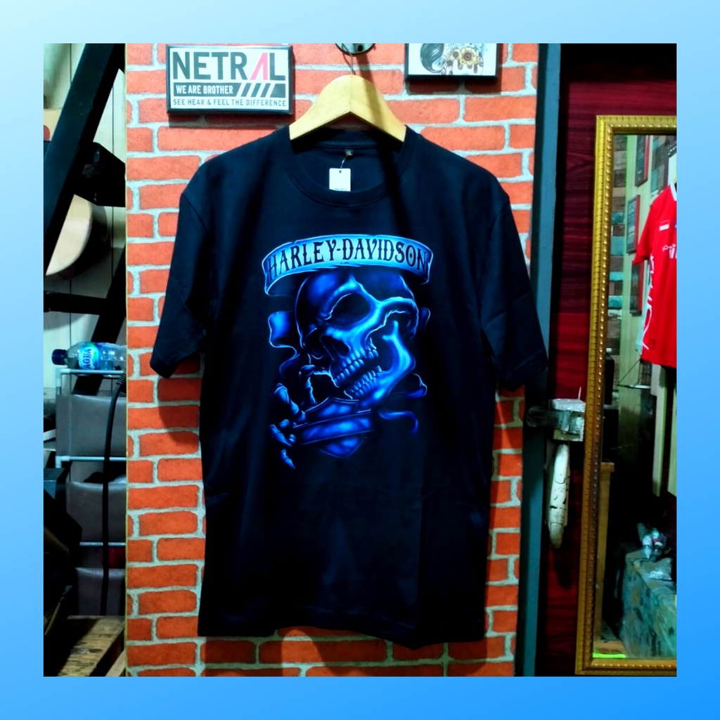 Kaos distro pria katun combed harley davidson baju atasan wanita dewasa t-shirt vintage outfit premium casual suit pakaian merchandise kombed 30s oneck oblong lengan pendek apparel hitam HD001