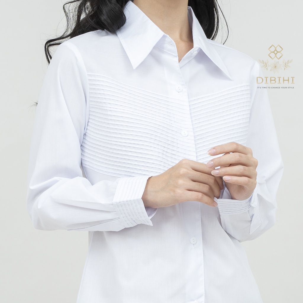 Dibihi Kemeja Putih Wanita Formal Bahan Katun Streth Motif Rempel Panjang