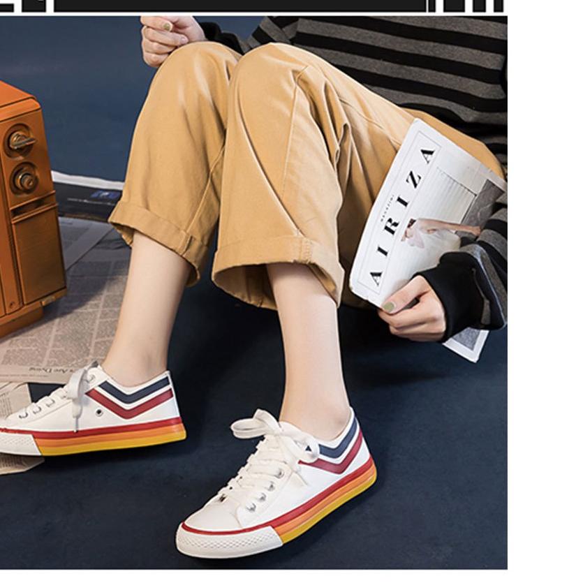 ◌ MFI Sepatu Sneakers Wanita Import Korea Warna Putih Model Flat Shoes Kanvas List Biru dan Merah KB