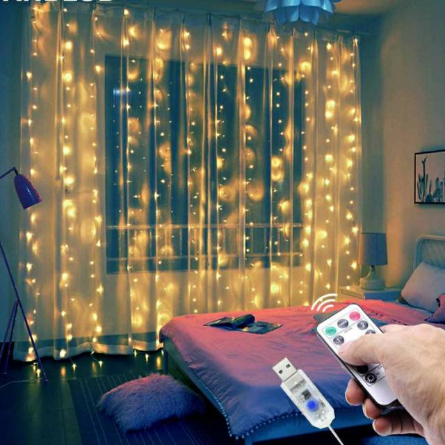 Lampu LED Tirai 3x3 Meter Lampu Tumblr Wedding Fairy Light Dekorasi ControlUSB dan Remote Lampu Natal Tirai Copper Light 3x3meter