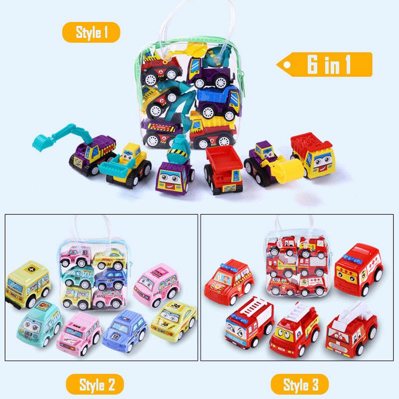 6Pcs Set Mainan  Mobil Truk Kartun Model Pull Back untuk 