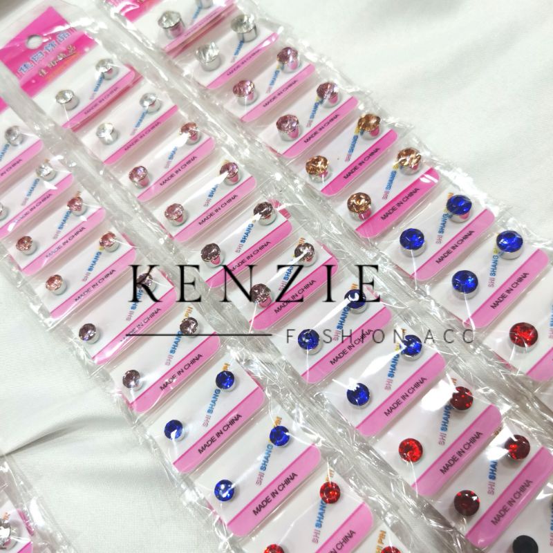 Anting Magnet Permata Zircon isi 12 Pasang Kemasan Card Pink Harga Grosir