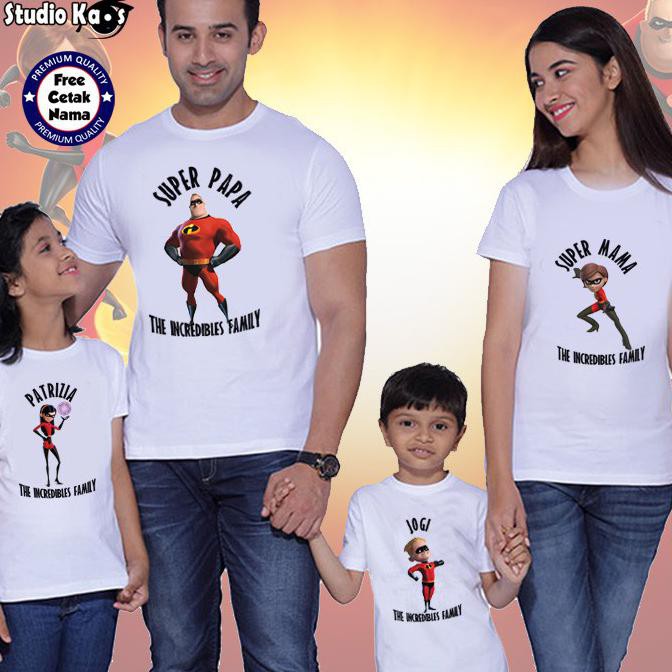 Baju Kaos Couple Keluarga Family 4 Pcs Motif Incredibles Gratis Cetak Nama Sablon Custom Nama