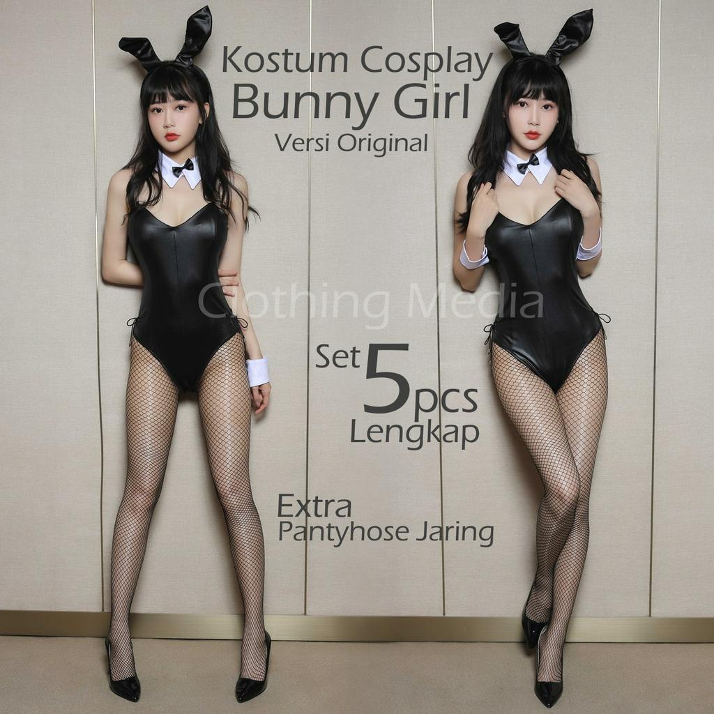 Kostum Set Cosplay Bunny Girl Bodysuit Leotard Kelinci Rabbit Bando Lingerie