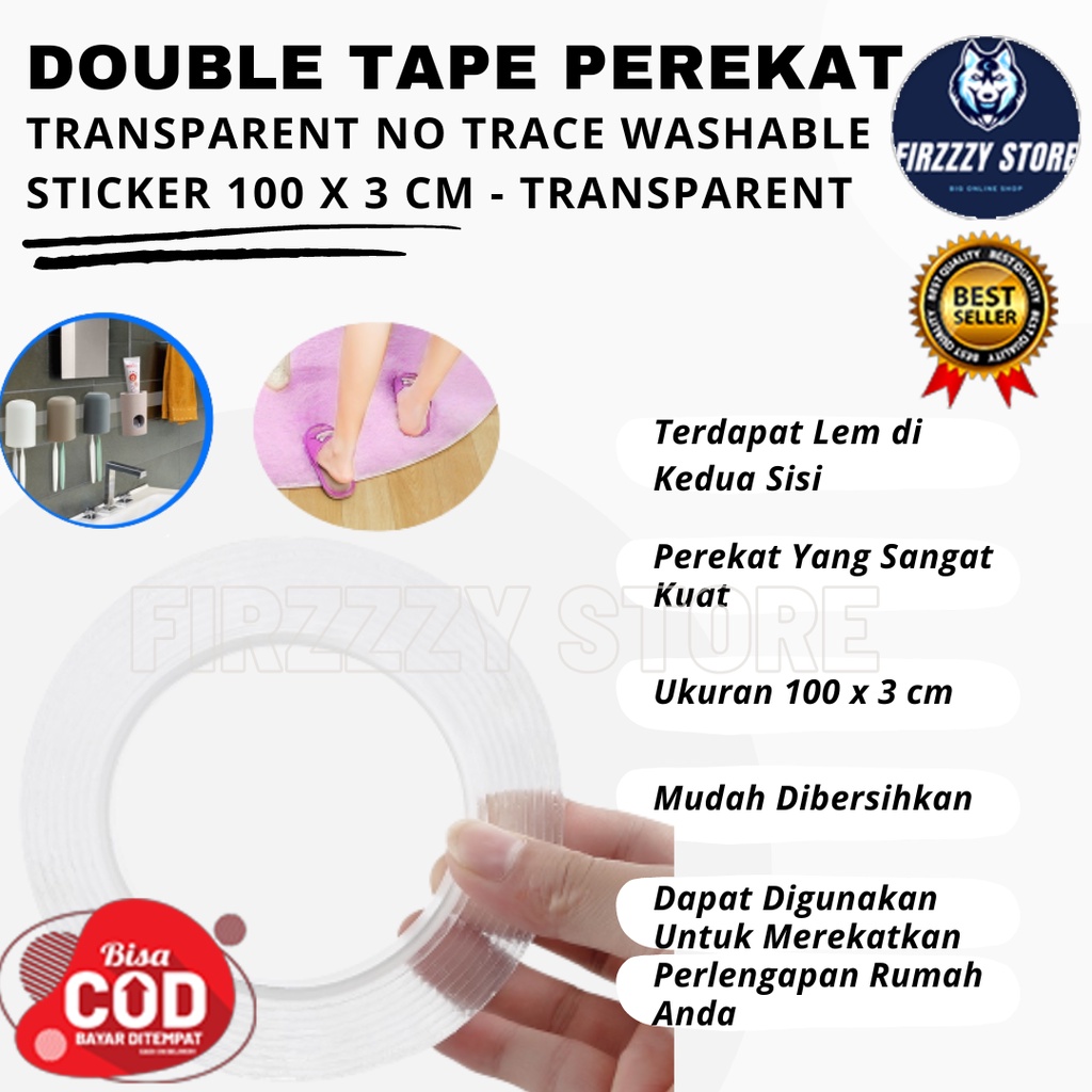 

Double Tape Perekat Transparent No Trace Washable Sticker 100 x 3 cm - Transparent