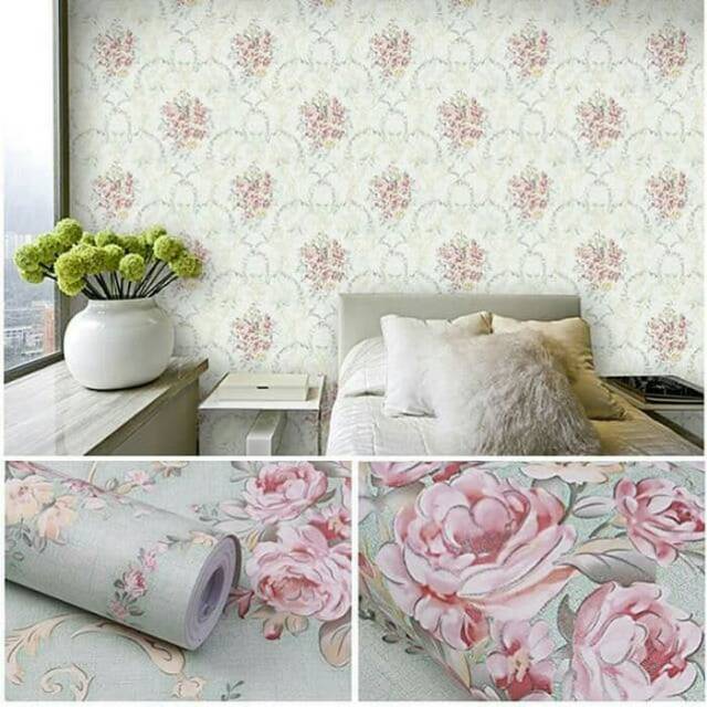 TERBARU WALLPAPER STIKER DINDING 45CM X 10M / WALLSTIKER BAHAN PVC PREMIUM HIGH QUALITY MOTIF BUNGA SHABBY CREAM / TOSCA BEST SELLER