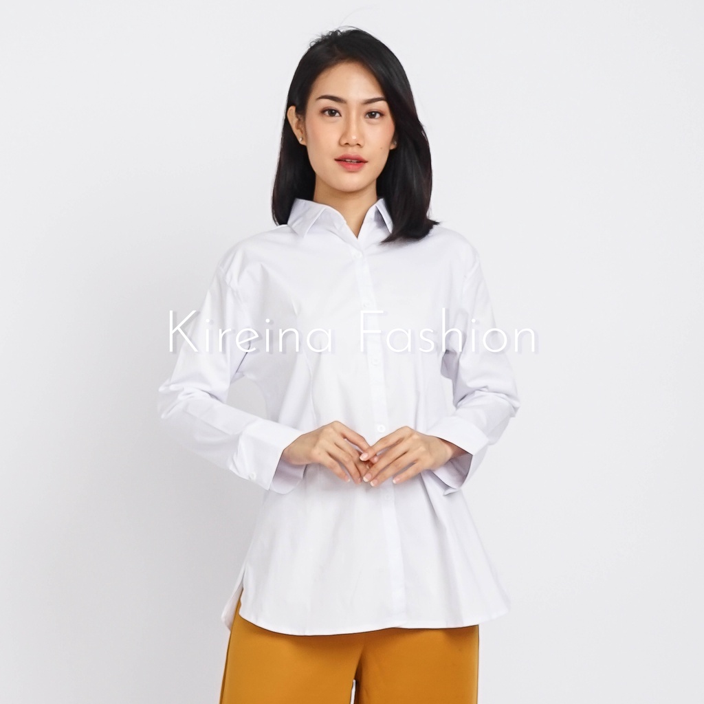 Kemeja Kerja Wanita Polos Putih Hitam Lengan Panjang Hem Formal Kantor Bahan Katun Stretch Melar - Kireina Fashion