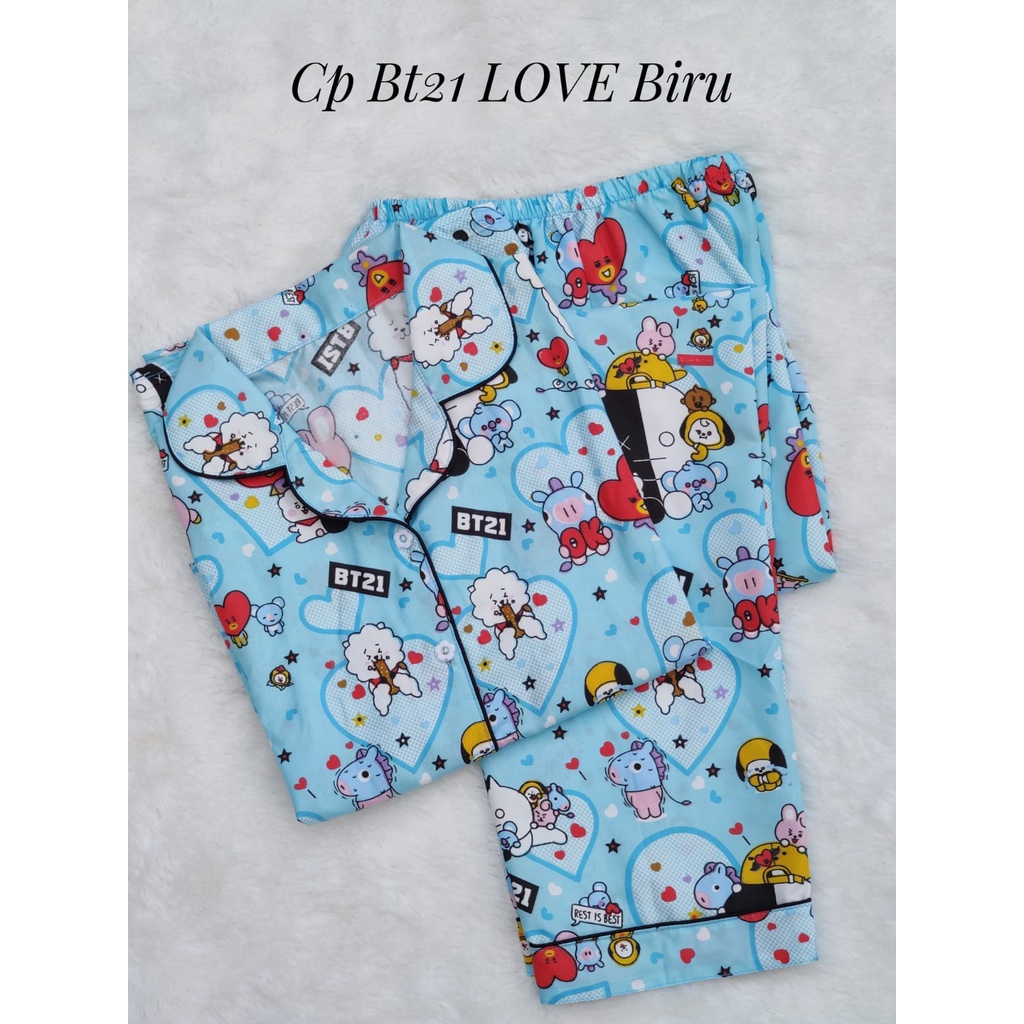 BJ-Piyama CP Dewasa Wanita Motif Karakter - Lengan Pendek-Love BT21 Biru