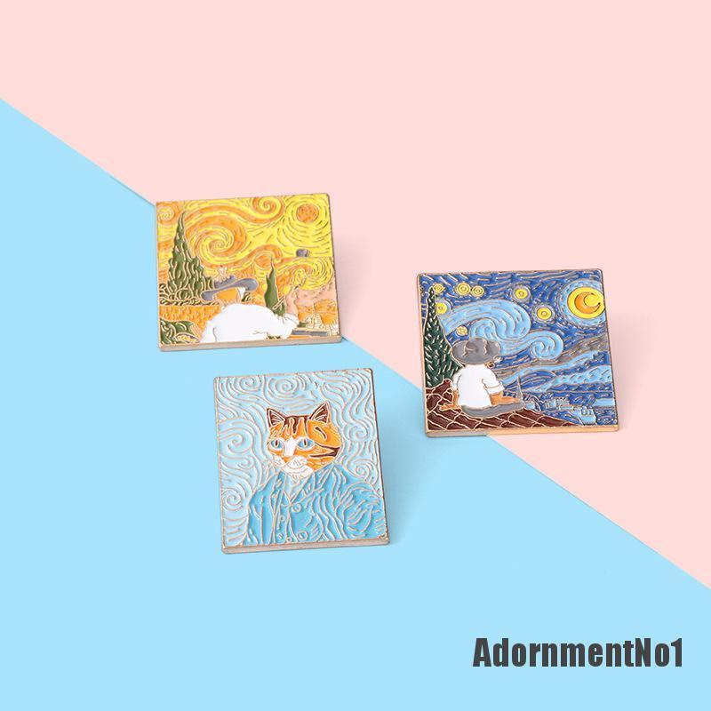 (Adornmentno1) Bros / Pin Bahan Metal Desain Lukisan Van Gogh / Bulan / Bintang Untuk Aksesoris Tas