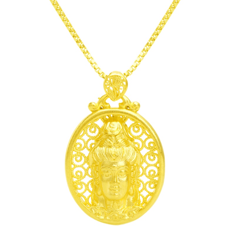 Kalung Liontin 3D Lapis Emas Emas Asli Kadar 375 Desain Buddha Avalokitesvara Gaya Klasik