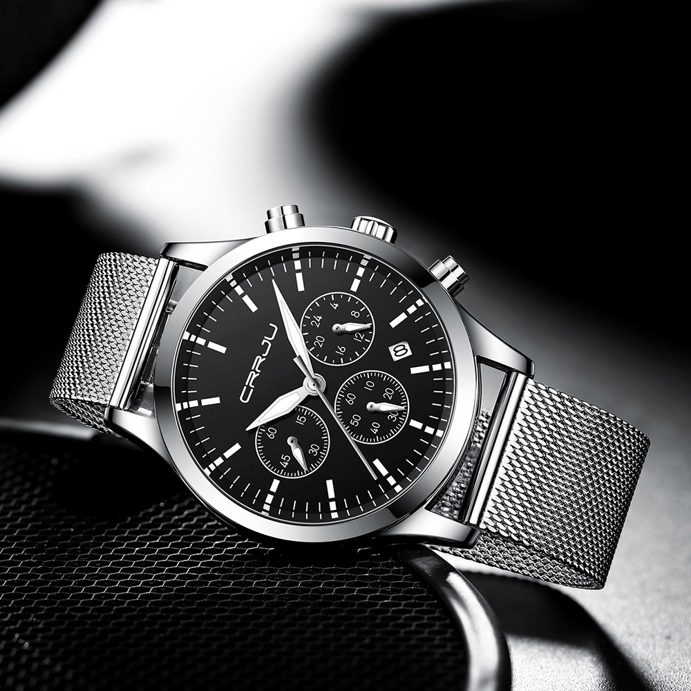 CRRJU Jam Tangan Pria Baru Kuarsa Besar Jam Tangan Cowok Baja Penuh Tahan Air Chronograph Bercahaya