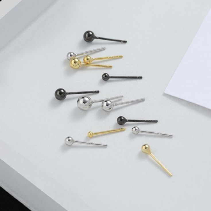 1 Pasang Anting Stud Mini Bahan S925 Silver Gold Plated Warna Hitam Ukuran 3 4 5mm Untuk Wanita