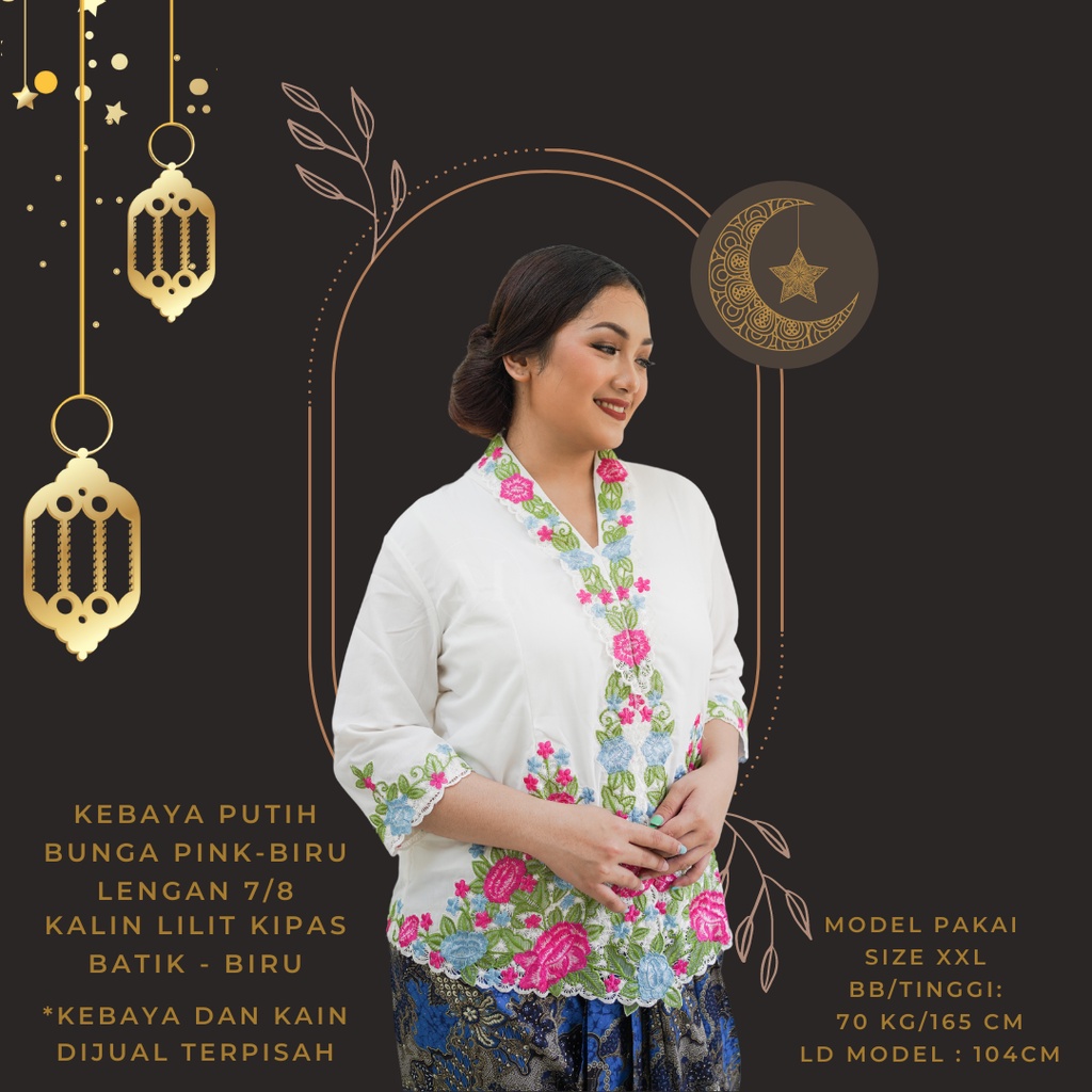 Kebaya Encim Putih Bunga Mawar Biru Pink Malika - Baju Atasan Kebaya Ncim Modern Bordir Bunga