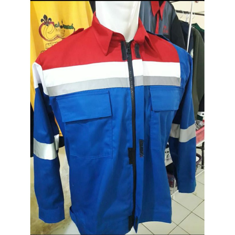 SERAGAM SAFETY BIRU MERAH MODEL PERTAMINA ATASAN RESLETING FREE LOGO K3 BENDERA