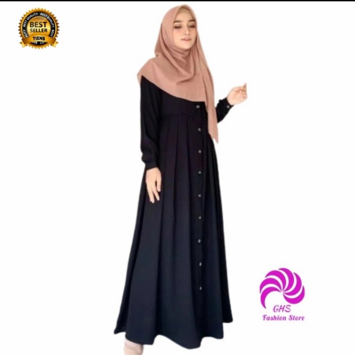 GAMIS KAIMA KANCING REMPEL DRESS MOSCREPE BUSUI FRIENDLY - Hitam