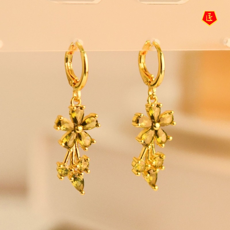 [Ready Stock]Simple Sweet 18K Gold Flower Inlaid Colored Gems Earrings