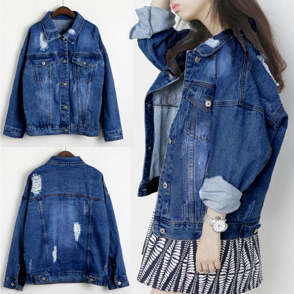 FWR - JAKET JEANS WANITA RIPPED JUMBO SNOW BLUE OVERSIZED KARINA