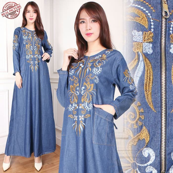 Gamis Dewasa Warna Cerah Caramel Brown Gm 70 Haihai Terbaru VE601 Maxi Jeans Jumaika Bordir - Slid