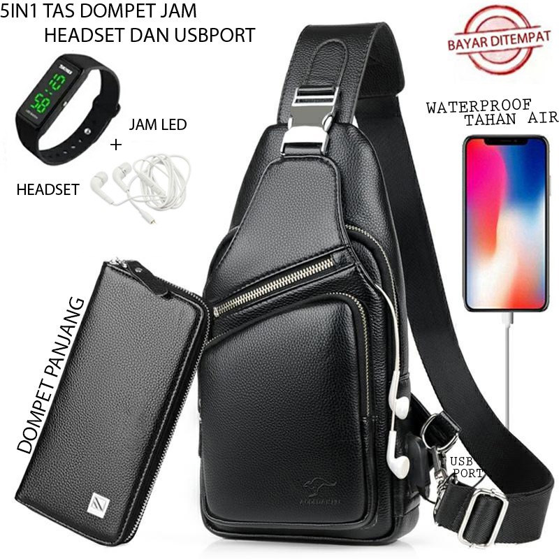 TANMESSO  5IN1 BAYAR DITEMPAT-BONUS JAM LED,DOMPET &amp; USBPORT&amp;HEADSET- TAS SELEMPANG PRIA