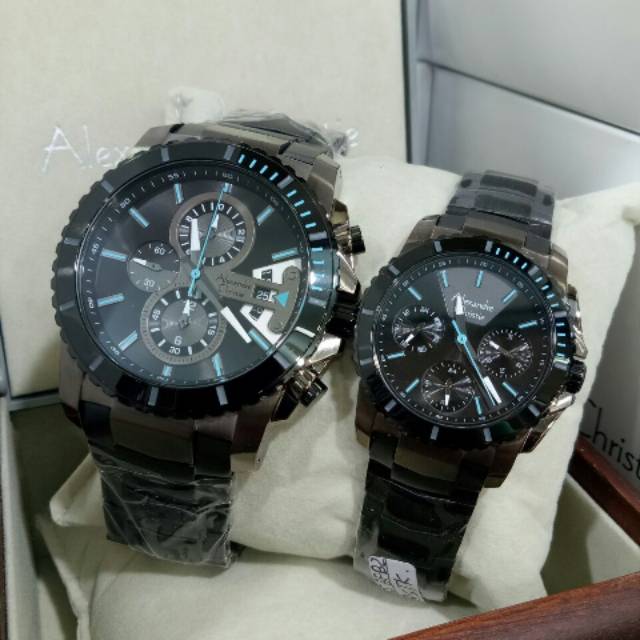 Jam Tangan Couple Alexandre Christie AC 6455 Black Jarum Biru Original