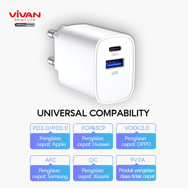 Charger VIVAN Dual Output Port 3A USB-A &amp; Type C 18W PD Quick Charge &amp; VOOC Flash Charge Power Turbo