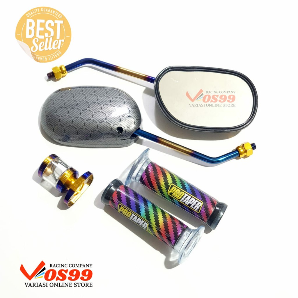 PAKET SPION MIO CARBON TANGKAI TWOTONE + GRIP PELANGI + STEMPEL KACA YAMAHA
