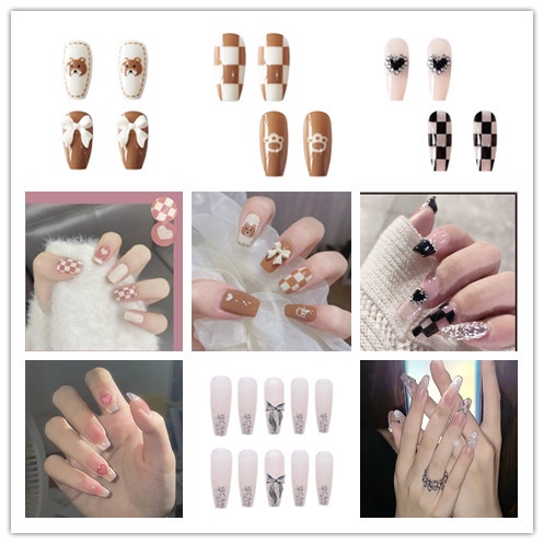 24 Pcs Patch Kuku Palsu Desain Hati Pita Beruang Aksen Glitter Untuk Aksesoris Perempuan