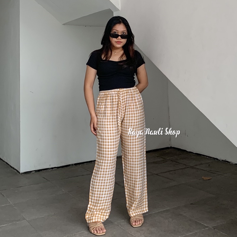 Kulot Motif Bali Rayon Premium-Kulot kotak mustard